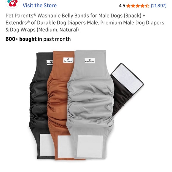 Pet Parents Washable Dog Diapers Size M – 3 Pack + Inserts | Black Gray Brown - Picture 7 of 9